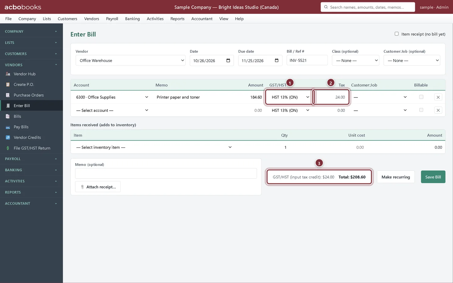 Canadian Enter Bill with a GST/HST rate and tax on the line and the input tax credit total