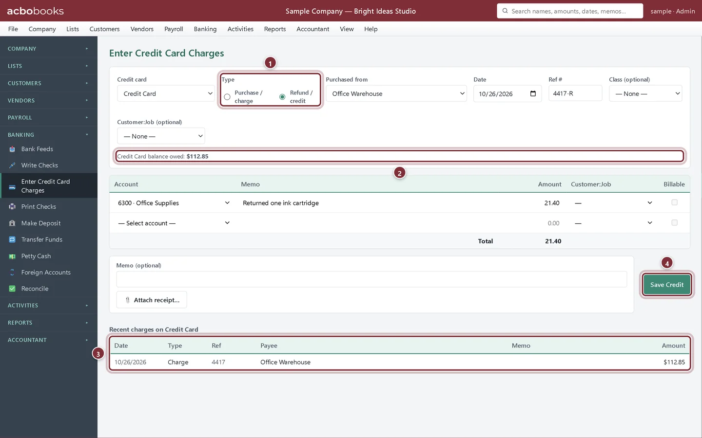 Enter Credit Card Charges set to Refund / credit with the card balance and recent charges highlighted