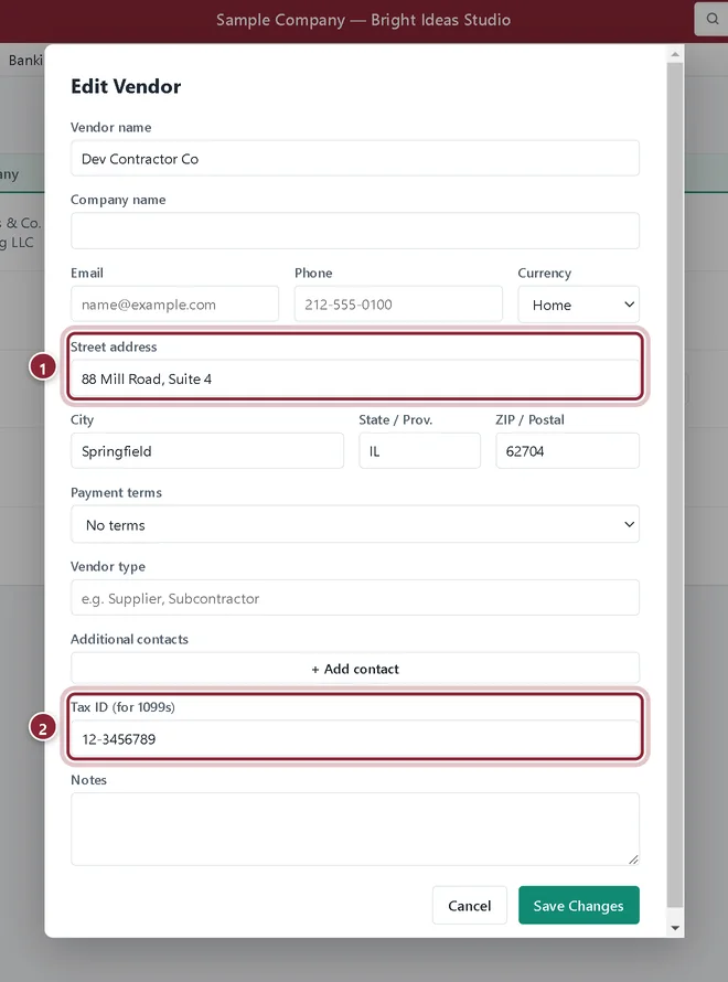 Edit Vendor for Dev Contractor Co with street address and Tax ID highlighted