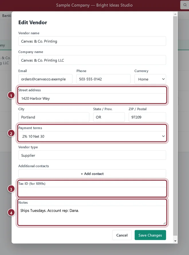 Edit Vendor form with street address, payment terms, tax ID and notes highlighted