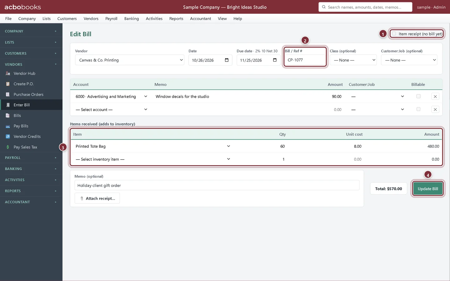 Edit Bill with the item receipt box cleared, the vendor's invoice number and Update Bill highlighted