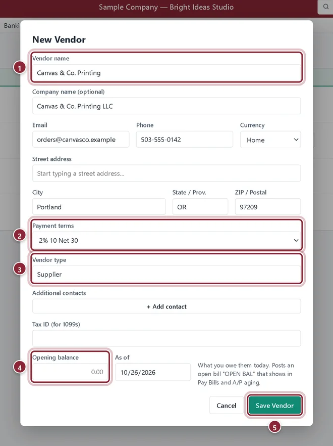 New Vendor form filled in for Canvas & Co. Printing with 2% 10 Net 30 terms