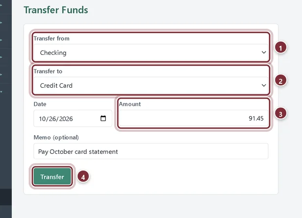 Transfer Funds from Checking to Credit Card for $91.45