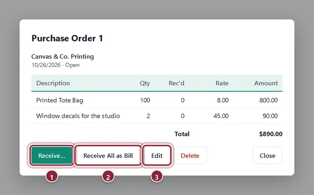 Purchase Order 1 with Receive, Receive All as Bill and Edit buttons