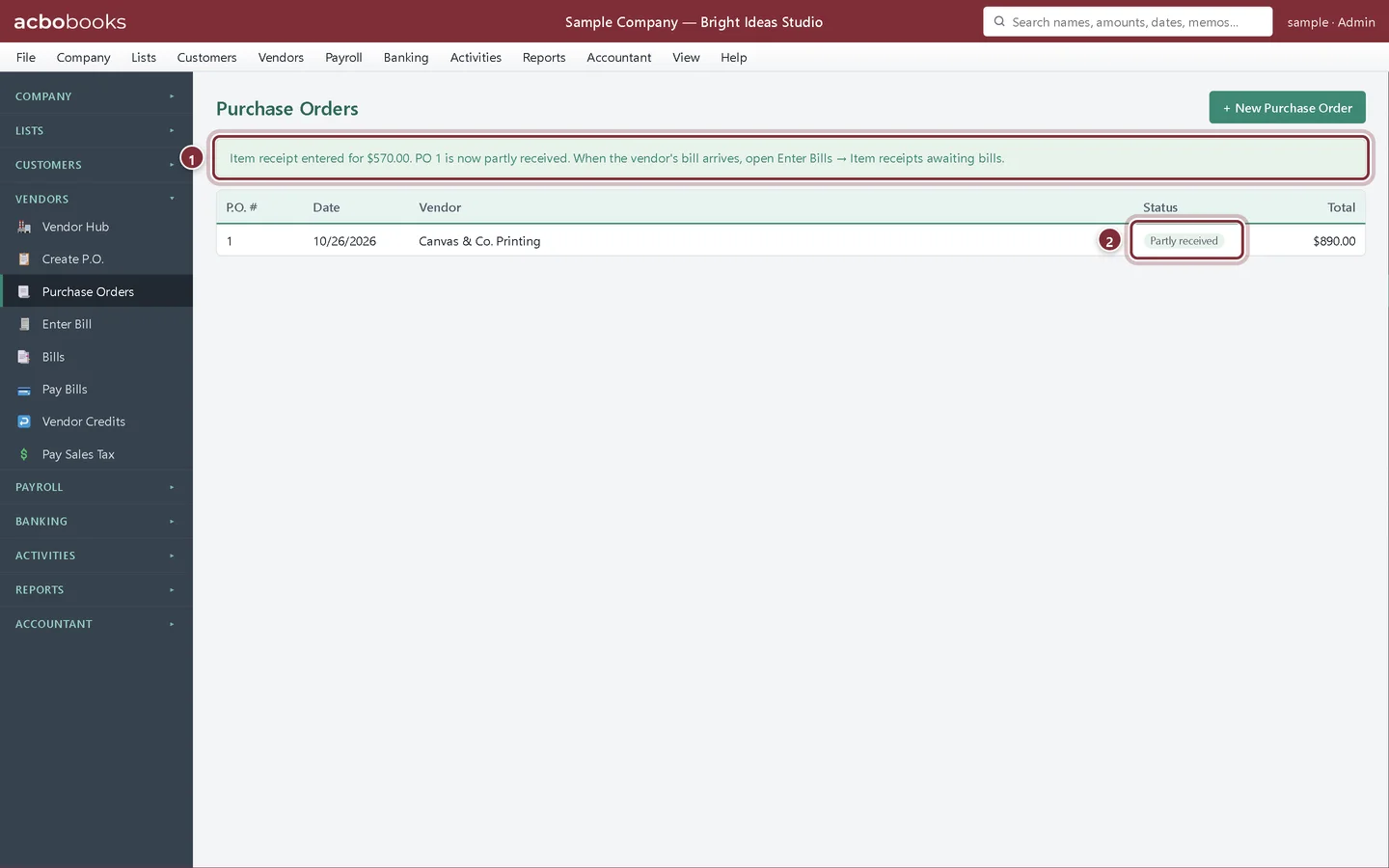 Purchase Orders list with PO 1 partly received and the item receipt confirmation