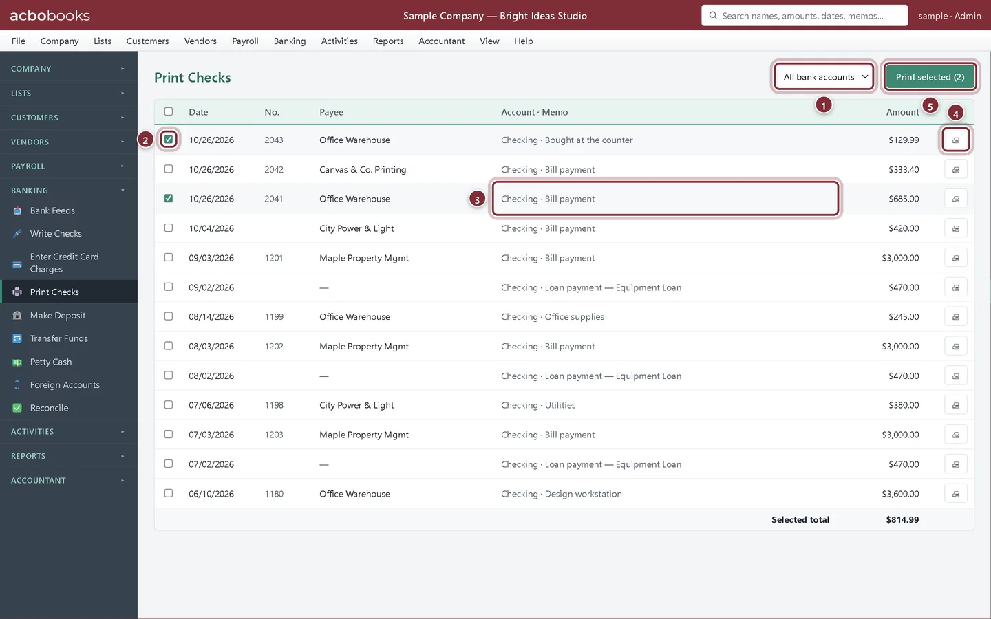 Print Checks with the bank filter, a ticked check, a bill payment check, a print button and Print selected highlighted