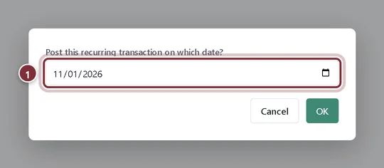 Post this recurring transaction on which date dialog with the date filled in