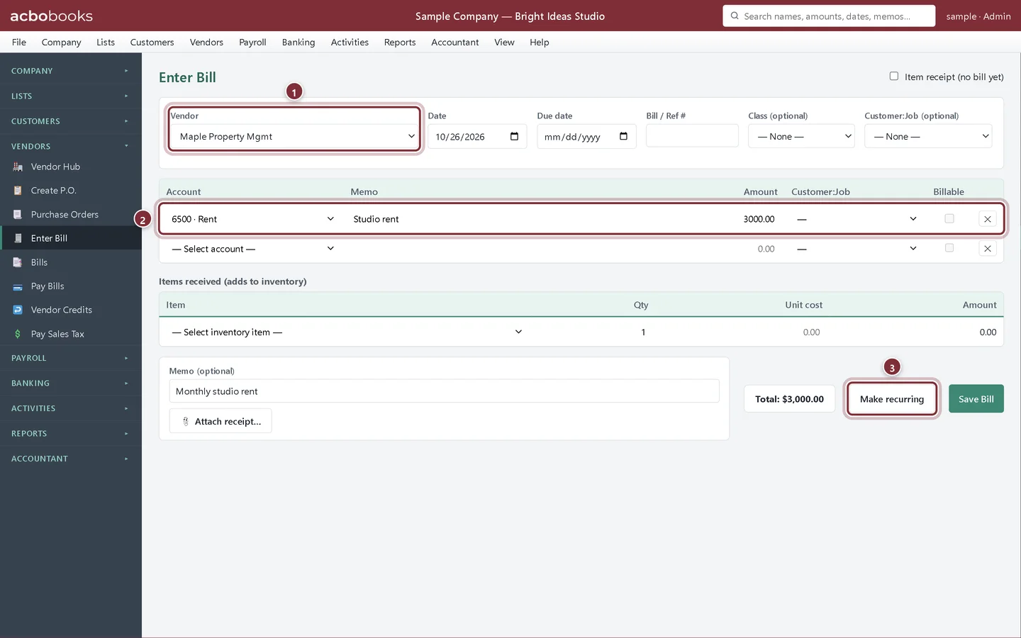 Enter Bill for Maple Property Mgmt with a $3,000.00 Rent line and the Make recurring button