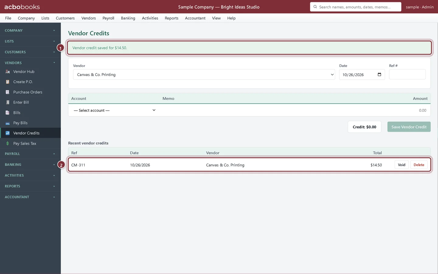 Vendor credit saved for $14.50, with CM-311 in Recent vendor credits