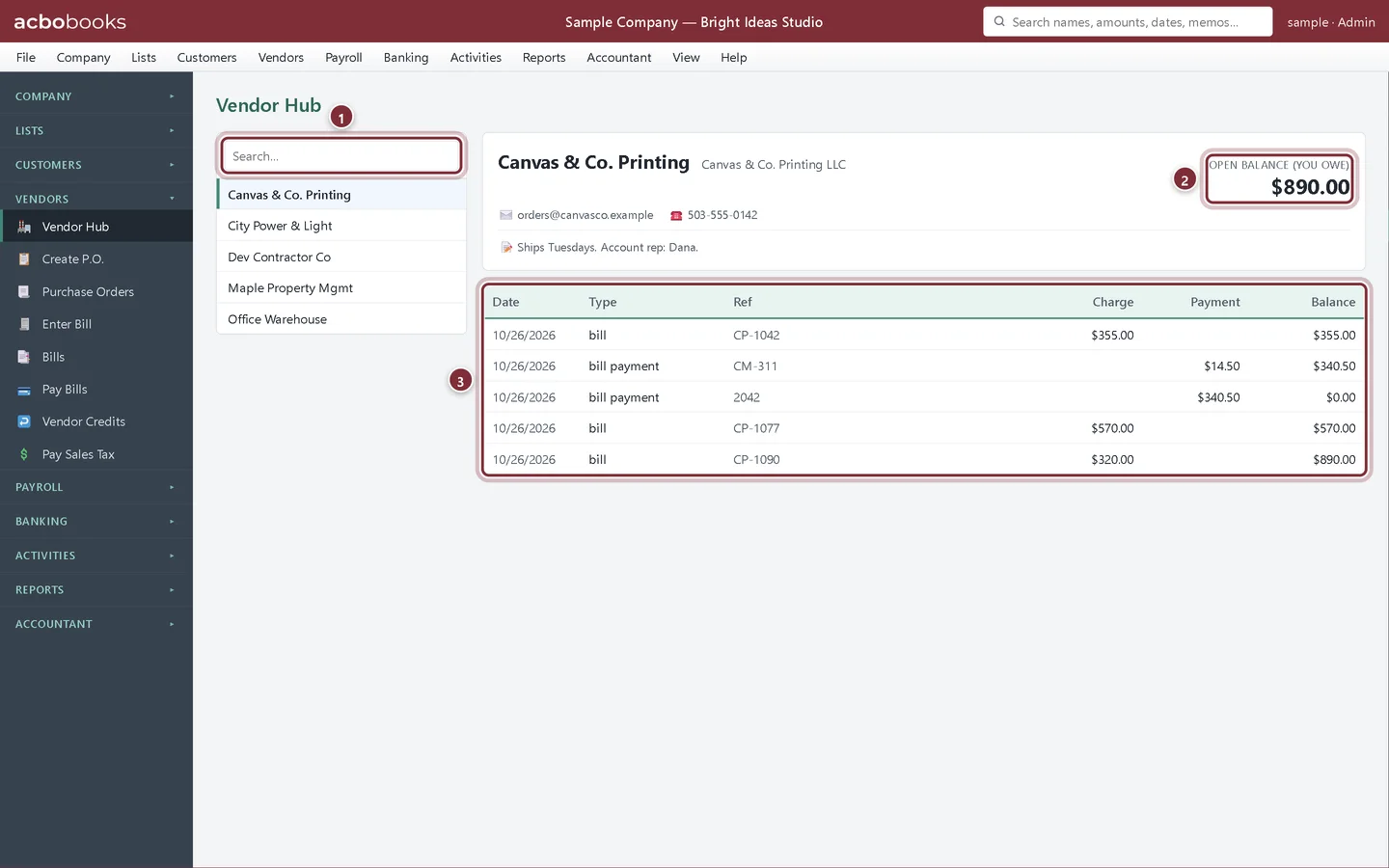 Vendor Hub showing Canvas & Co. Printing with its open balance and transaction history