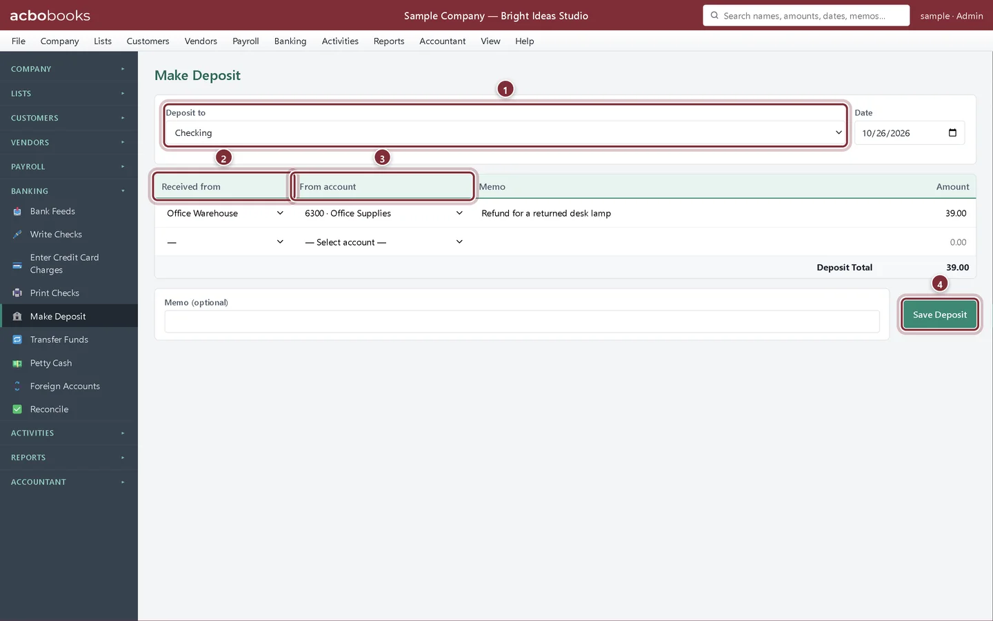Make Deposit with Office Warehouse in Received from and Office Supplies in From account