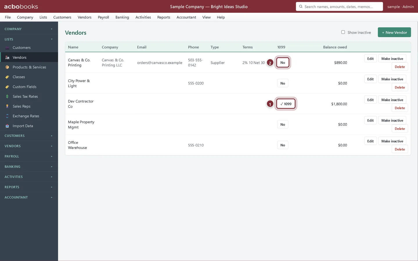 Vendors list with the 1099 button of Dev Contractor Co set to tracked and another vendor's button set to No