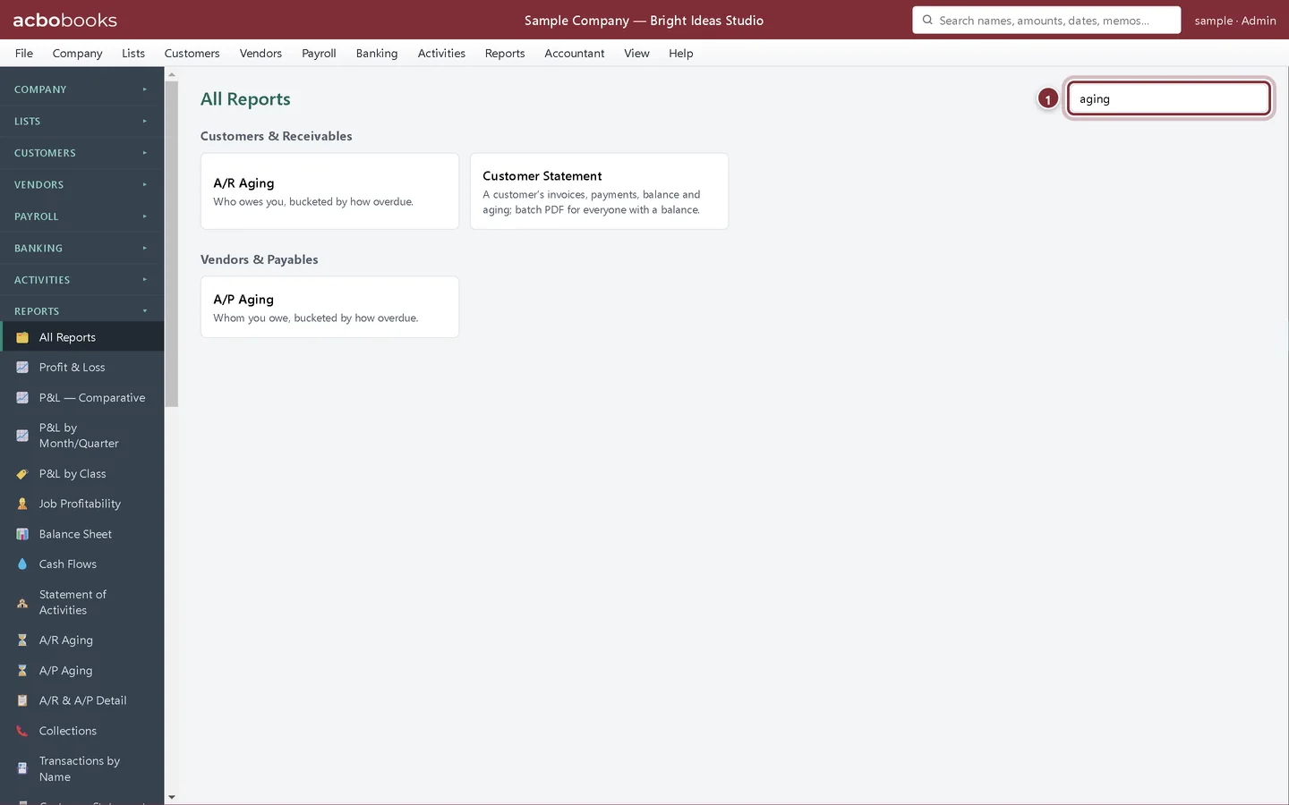All Reports filtered by the word aging, showing A/R Aging, Customer Statement and A/P Aging
