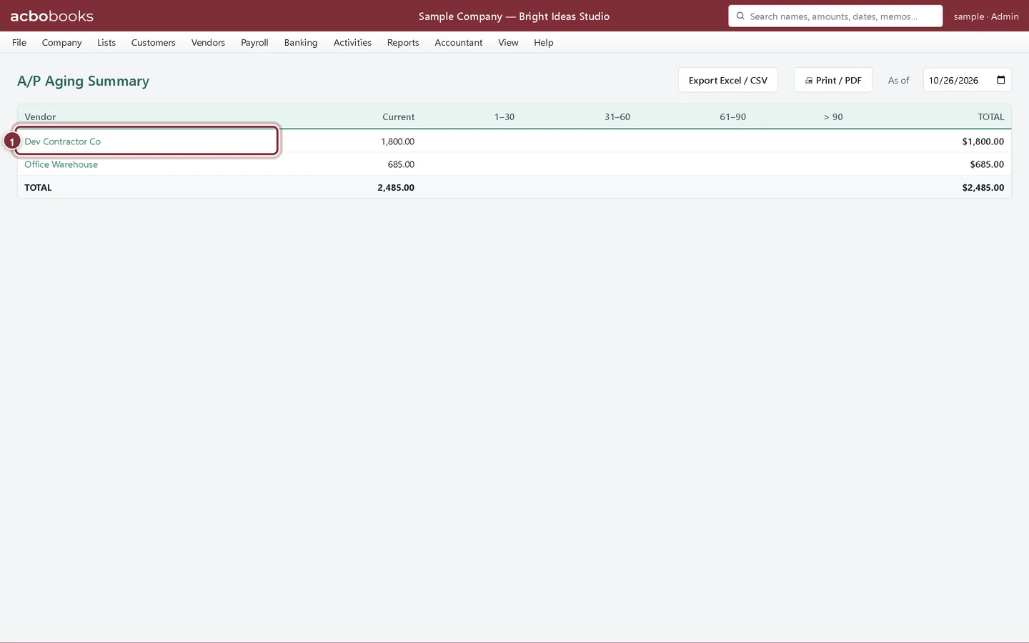 A/P Aging Summary with two vendors