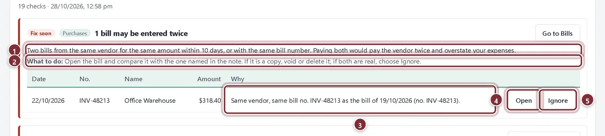 A duplicate-bill finding with its explanation, what to do, the reason on the line, and the Open and Ignore buttons marked