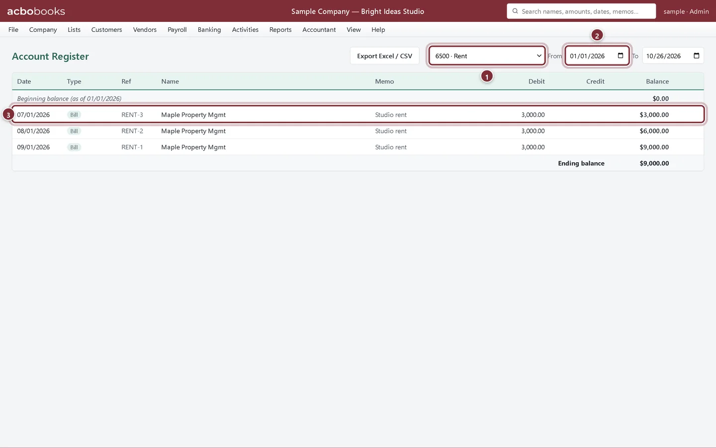 Account Register for Rent showing three rent bills and the running balance