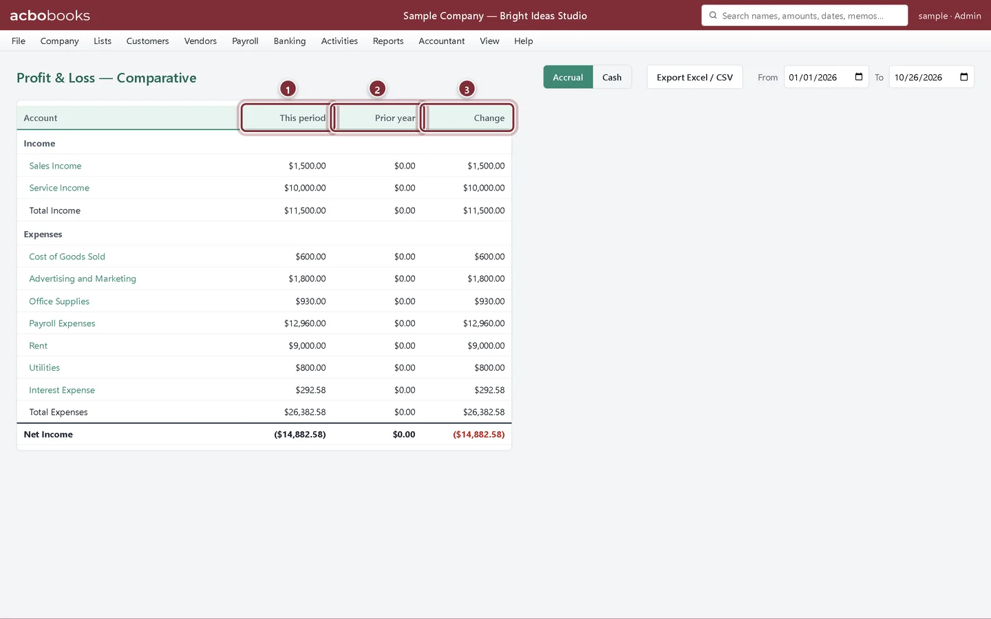 Profit & Loss Comparative with This period, Prior year and Change columns