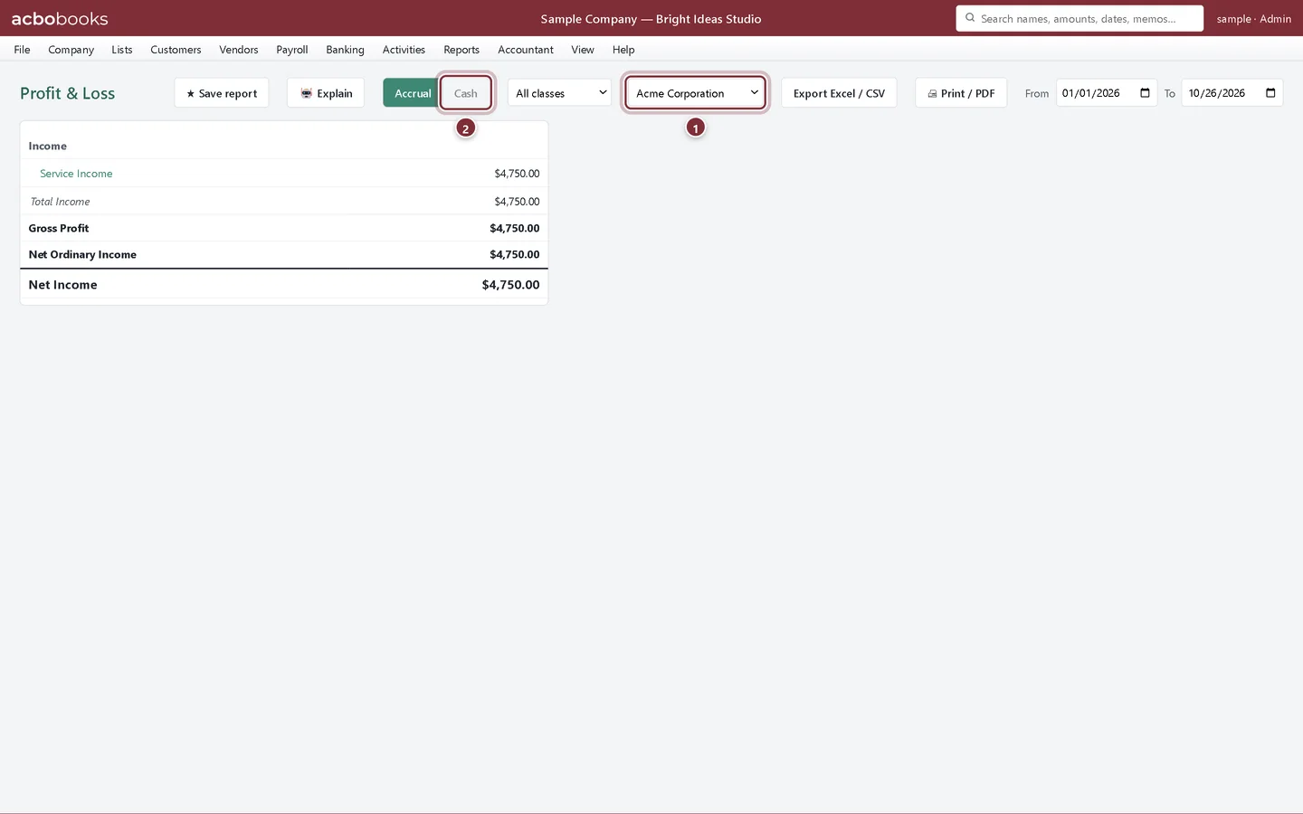 Profit & Loss filtered to Acme Corporation showing only its service income