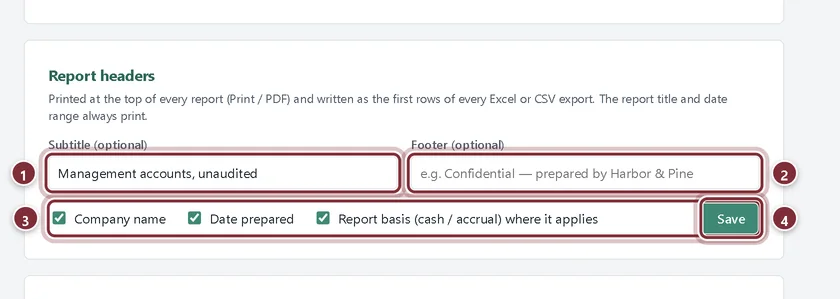 Report headers settings with a subtitle, footer and three options