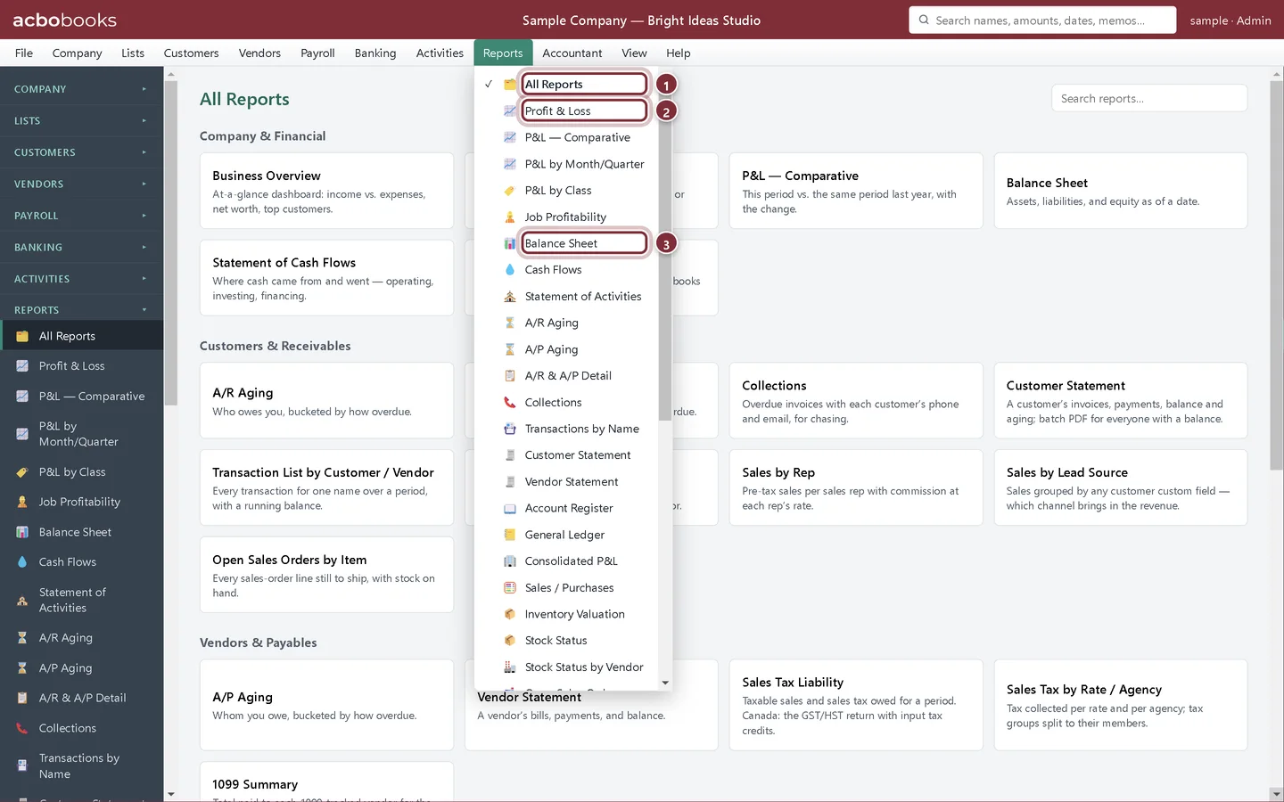 The Reports menu open, with All Reports, Profit & Loss and Balance Sheet marked