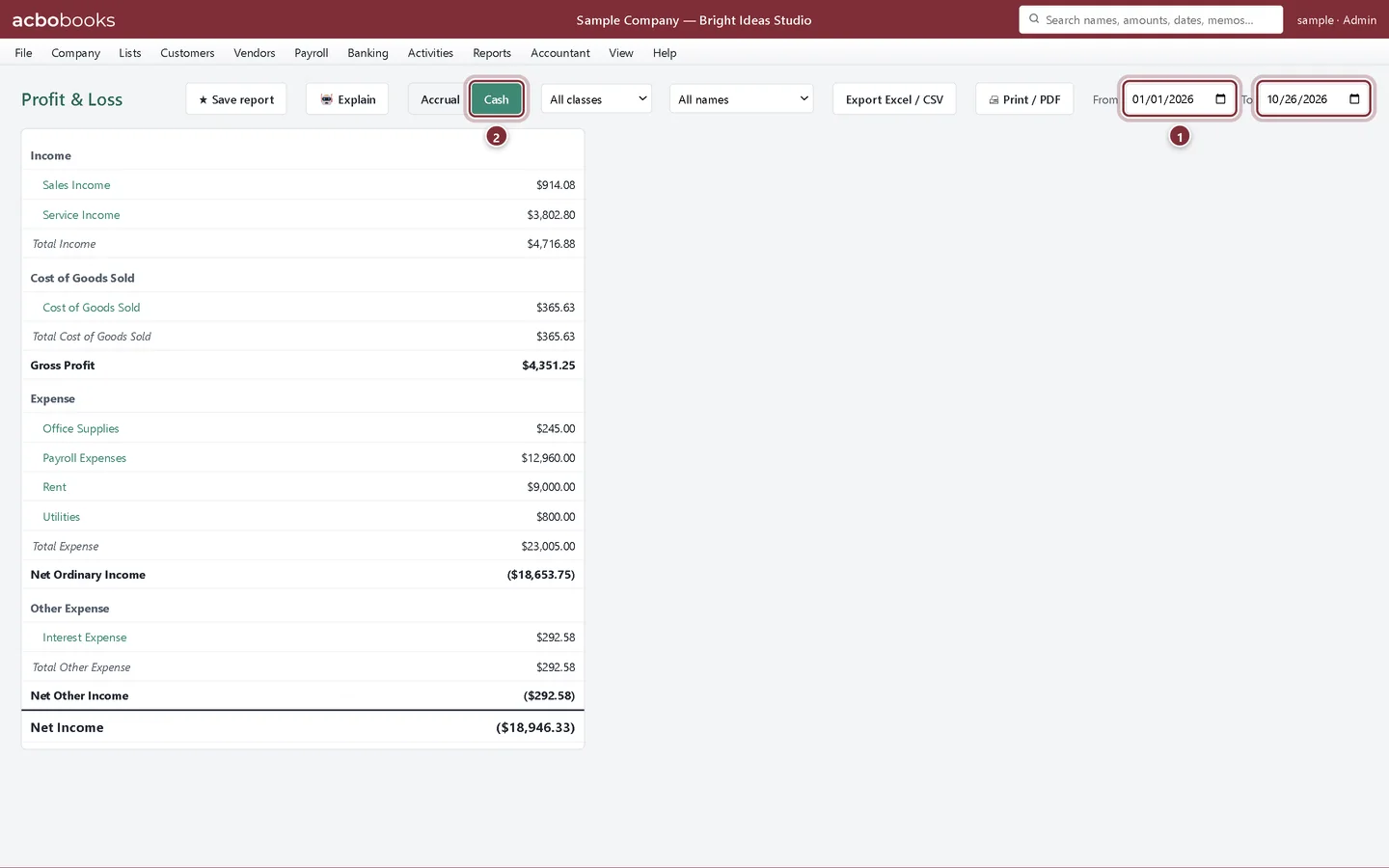 Profit & Loss opened from the saved report with its dates and Cash basis