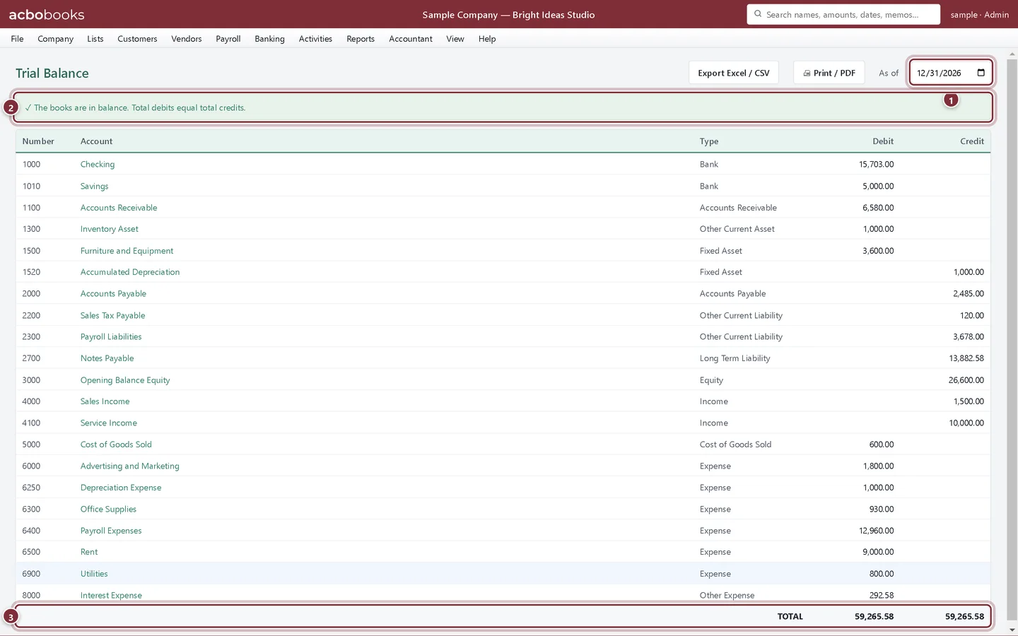 Trial Balance with the As of date, the in-balance banner and the totals row