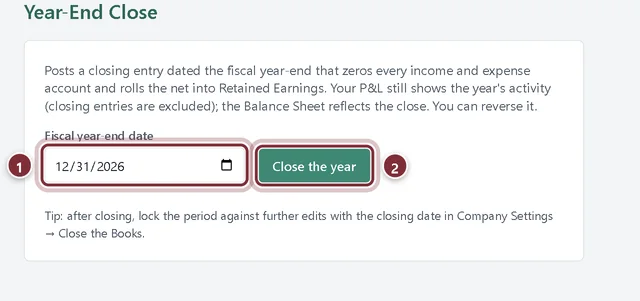Year-End Close with the fiscal year-end date and the Close the year button