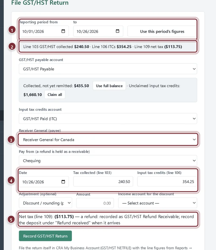 File GST/HST Return filled in from the period's figures