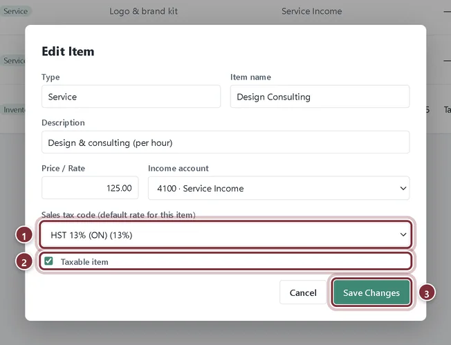 Edit Item for Design Consulting with the HST 13% (ON) tax code