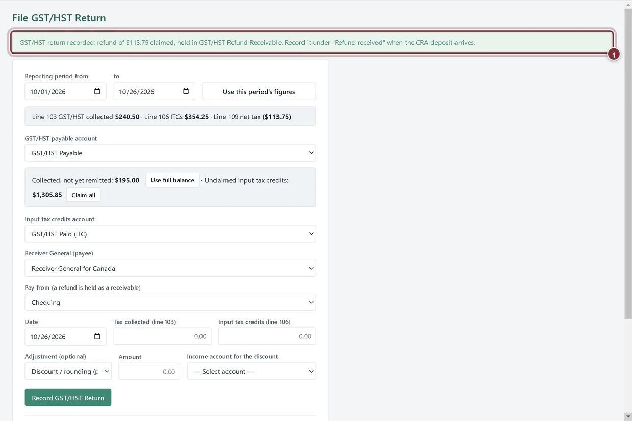File GST/HST Return after saving: refund of $113.75 expected
