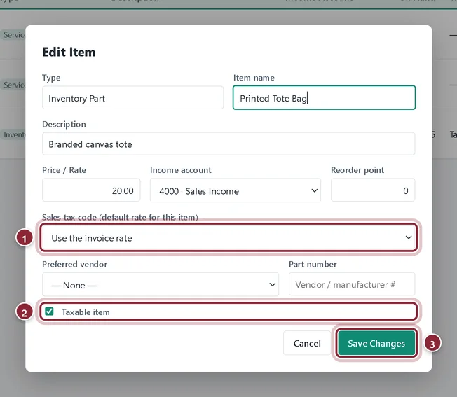 The Edit Item window with the Sales tax code list and the Taxable item box