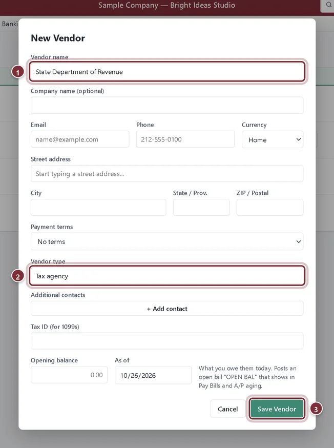 The New Vendor window filled in for a state department of revenue