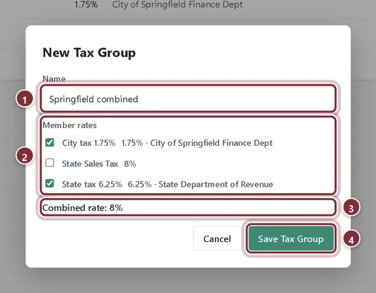 The New Tax Group window combining a 6.25% state rate and a 1.75% city rate into 8%