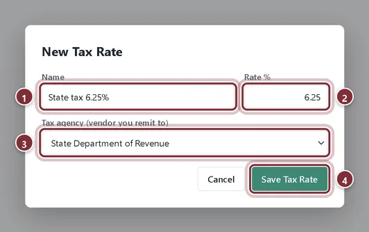 The New Tax Rate window with a 6.25% state rate linked to the state agency