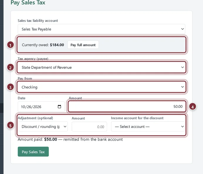 Pay Sales Tax filled in for the state's $50.00