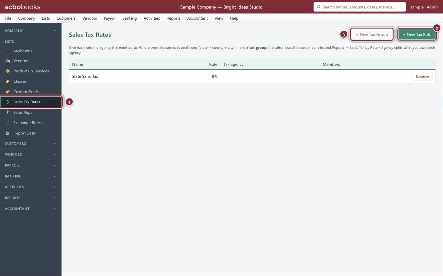 The Sales Tax Rates screen with the New Tax Rate and New Tax Group buttons