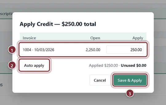 Apply Credit window applying $250.00 to Acme Corporation's invoice 1004