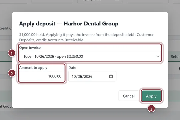 Apply deposit window applying $1,000.00 to Harbor Dental Group's progress invoice