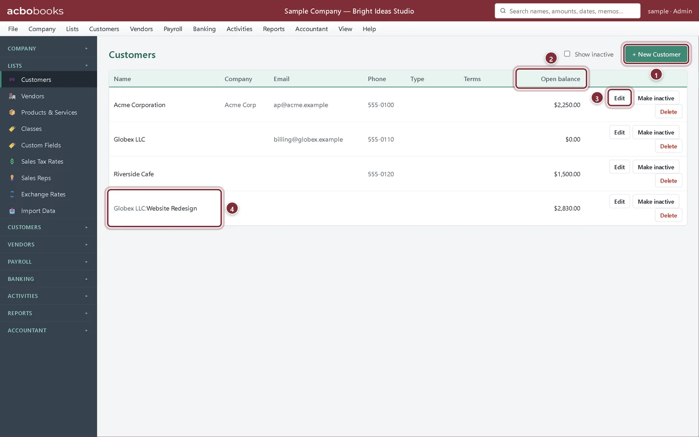 Customers list with callouts on New Customer, Open balance, Edit and a job row