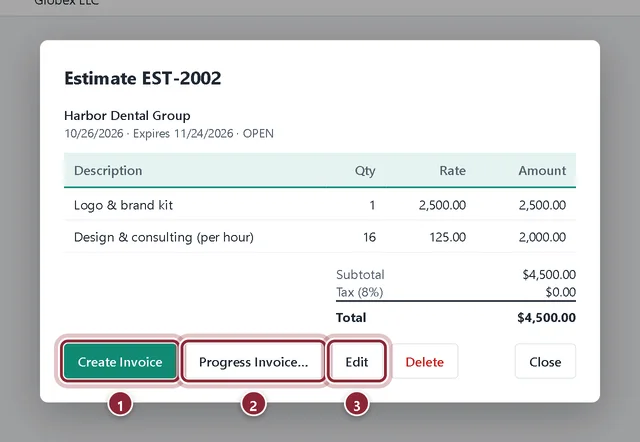 Estimate window with Create Invoice, Progress Invoice and Edit buttons