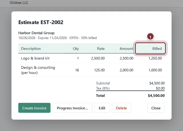Estimate showing 50% billed with a Billed column