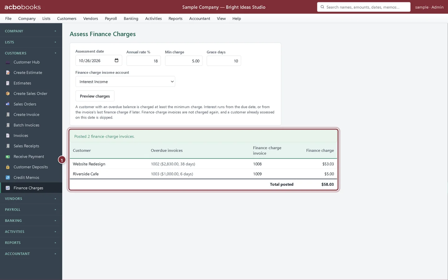Finance charges posted as invoices 1008 and 1009, with the total posted