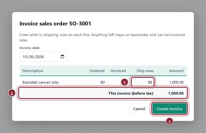 Invoice sales order window shipping 50 of 80 tote bags