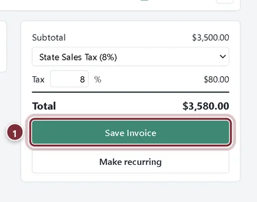 Invoice totals panel showing subtotal $3,500.00, 8% tax $80.00 and total $3,580.00 with the Save Invoice button