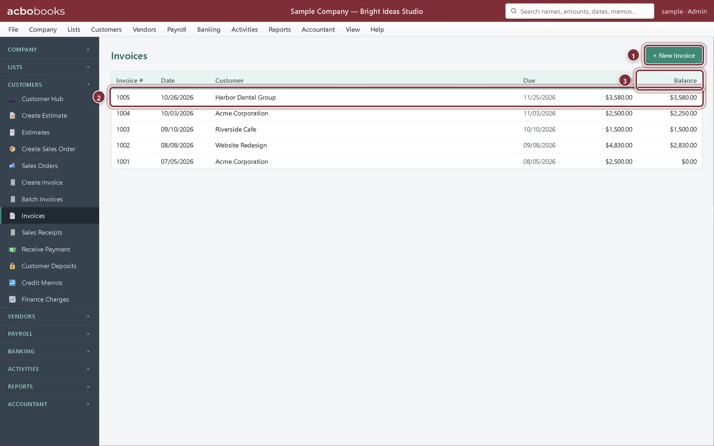 Invoices list with invoice 1005 for Harbor Dental Group at the top