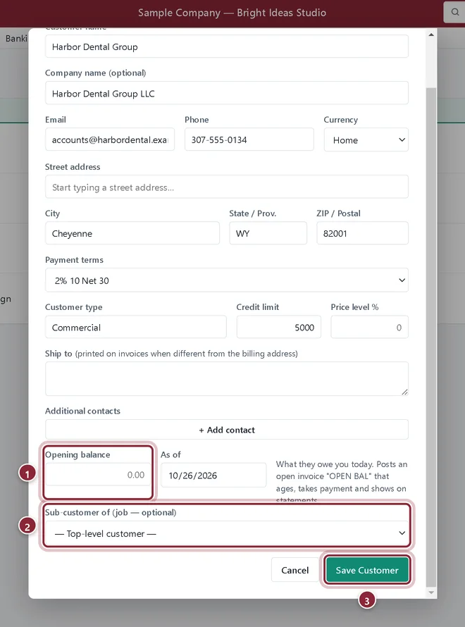Bottom of the New Customer form with Opening balance, Sub-customer of and Save Customer