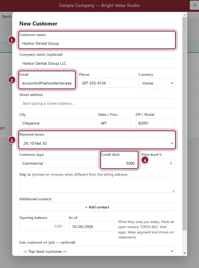 New Customer form filled in for Harbor Dental Group with 2% 10 Net 30 terms and a $5,000 credit limit