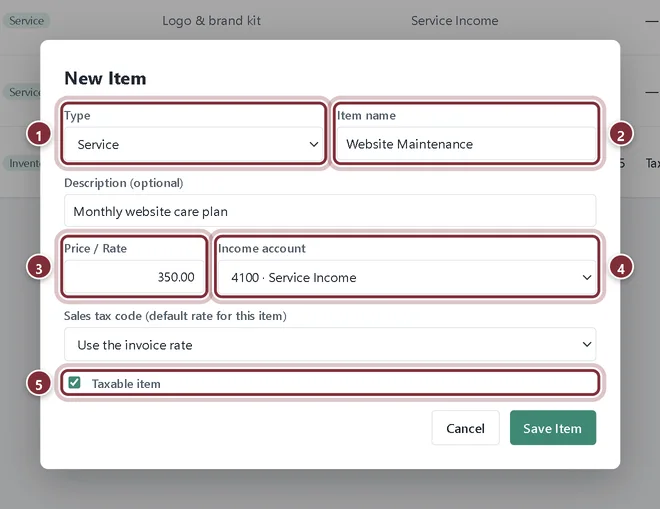 New Item form filled in for a Website Maintenance service at $350.00