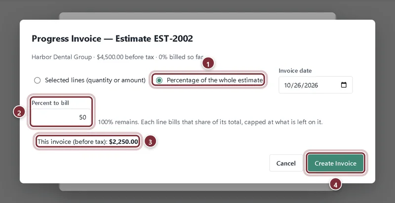 Progress Invoice window billing 50% of a $4,500.00 estimate, $2,250.00 before tax