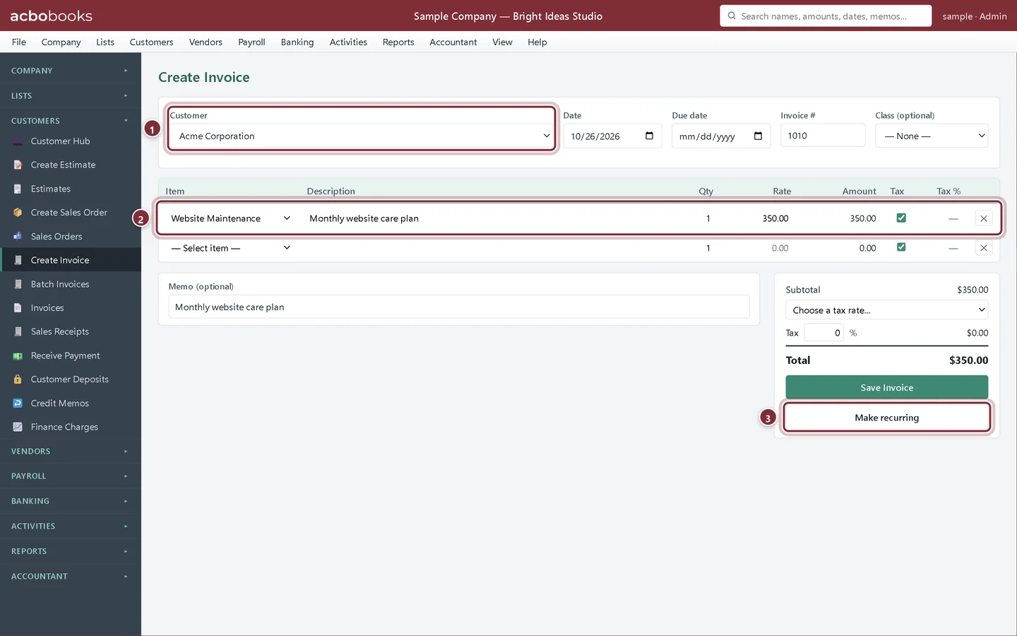 Create Invoice for Acme Corporation with a Website Maintenance line and the Make recurring button